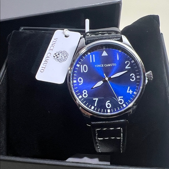 Vince Camuto Aldo Men's Watch w/1.5” Vibrant Blue Dial and Black Leather Band - Picture 4 of 7